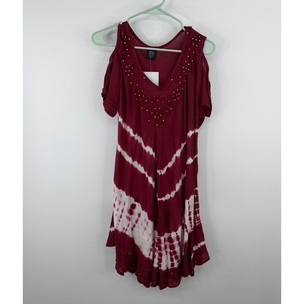 Boho Tie-Dye Cold-Shoulder Swim Cover-Up Dress - Burgundy